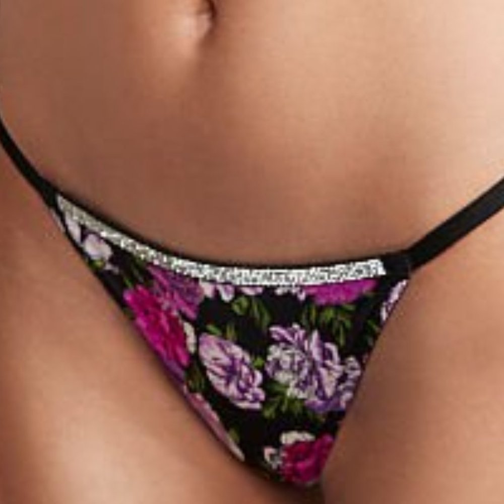 VS M Very Sexy Bombshell Shine V-String Panty Purple Black Floral Thong NWT - Picture 2 of 16